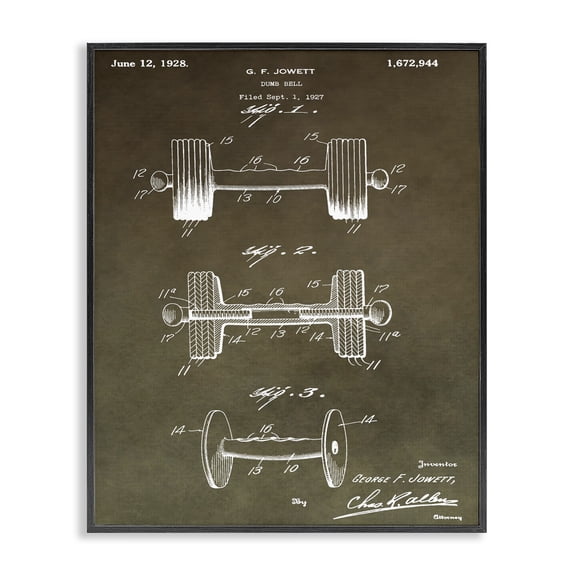 Stupell Industries Eclectic Patent Vintage Barbell Brown Texture Design Black Framed Giclee Art, 11 x 14, by Daniel Sproul