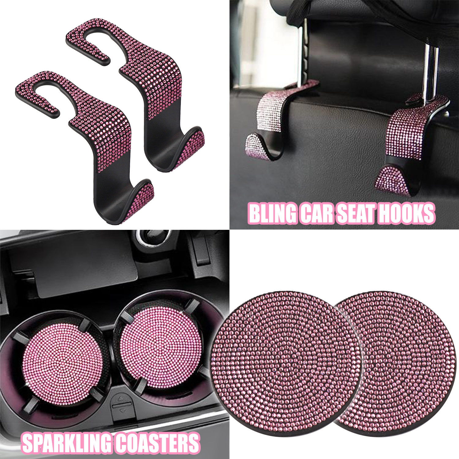 AIRKOUL 27 Pcs Bling Car Accessories Set for Women, 15 Inch Steering Wheel Covers, Universal Reinestone Vehicle Decorations, Pink