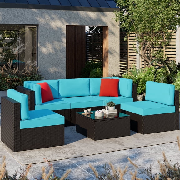 Patio Furniture Set, Walsunny 6 Piece All Weather Outdoor Sectional Sofa, Wicker Patio Conversation Set with Cushions and Tempered Glass Table for Backyard Porch, Blue