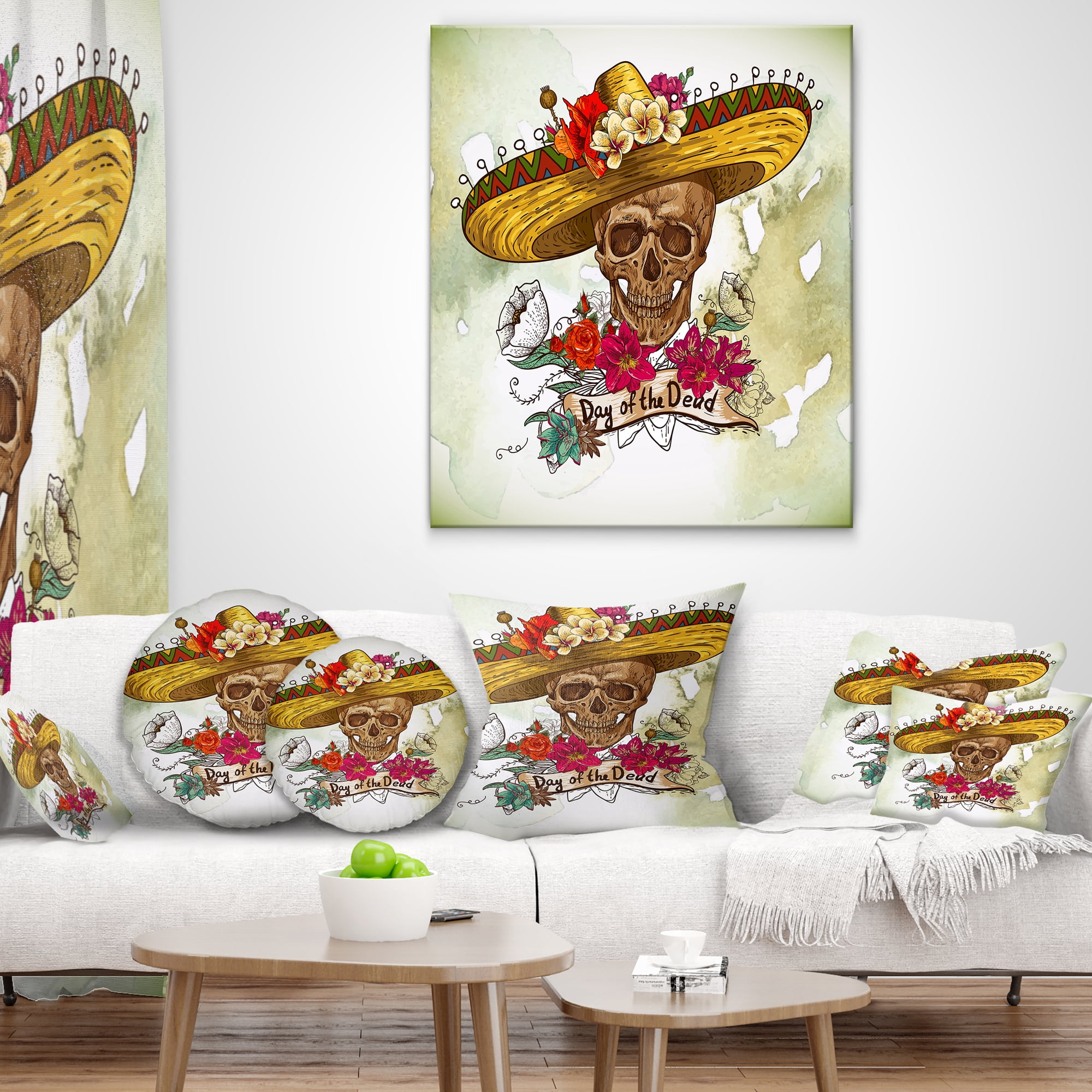 Designart Skull in Sombrero with Flowers - Floral Throw Pillow - 18x18