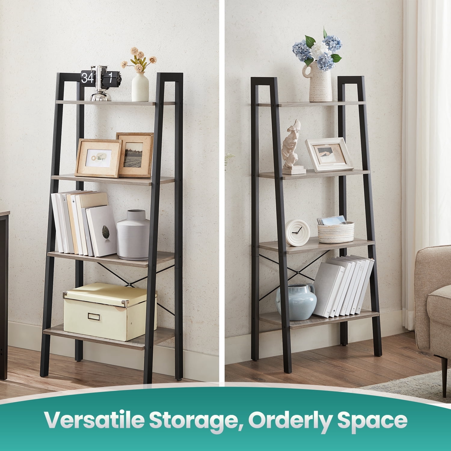 LEDREM 4-Tier Ladder Shelf Heavy Duty Storage Shelf with Steel Frame, Storage Rack Bookshelf for Home, Office, Heather Greige and Black
