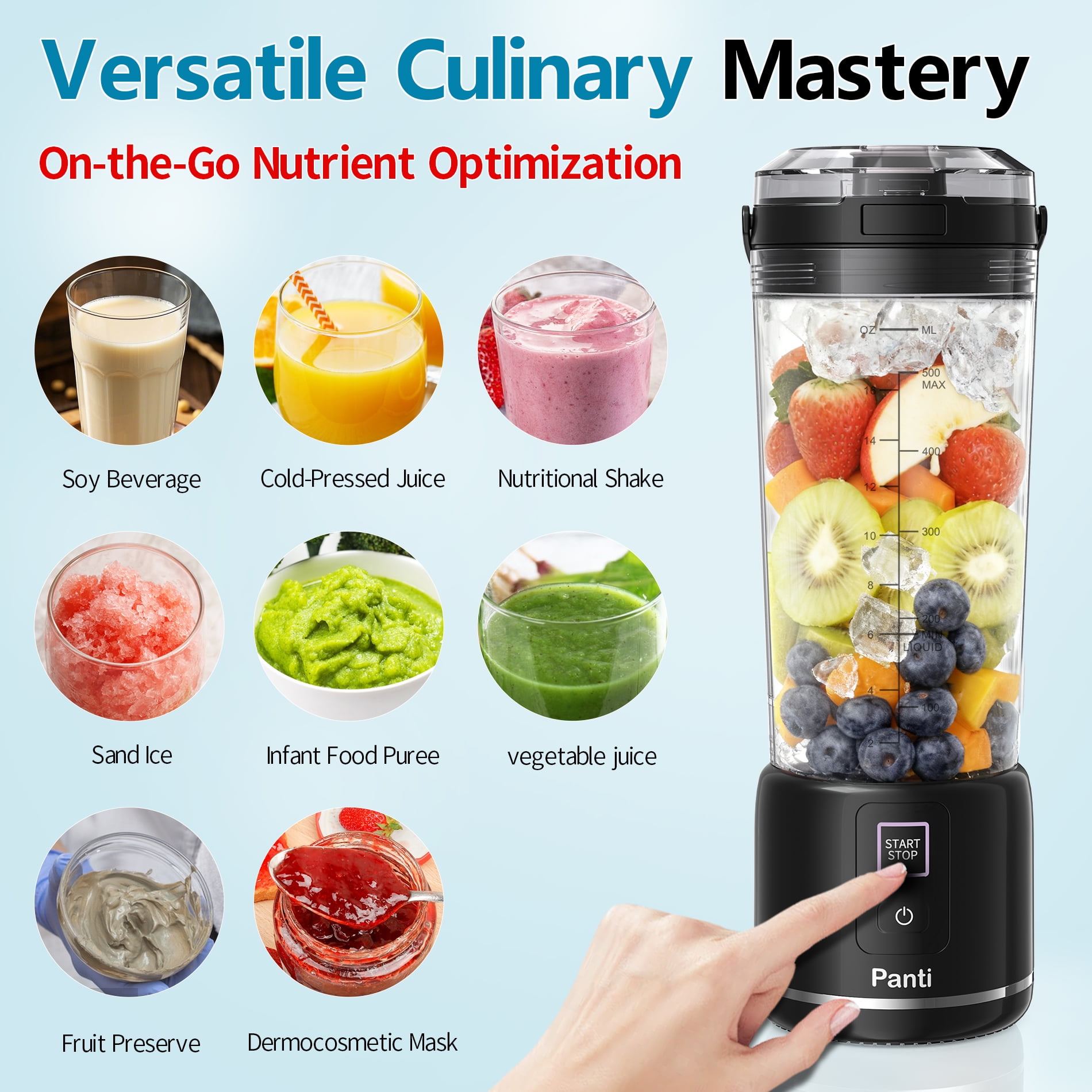 Panti Portable Blender, Cordless,18oz. USB-C Rechargeable Personal Blender for Shakes & Smoothies, BPA Free, Cover with Handle,USB-C Rechargeable, Dishwasher Safe Parts, Black