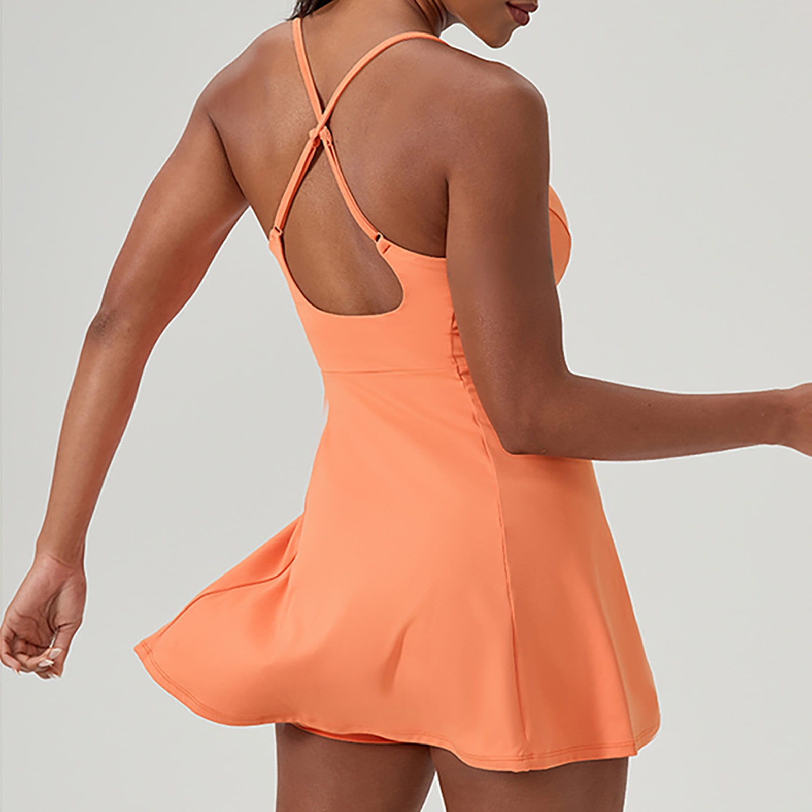 LLYwey Womens Tennis Workout Dresses with Built-in Bra & Shorts Women's Activewear Summer Spaghetti Strap Sleeveless Athletic Dresses, I-18, Orange, S