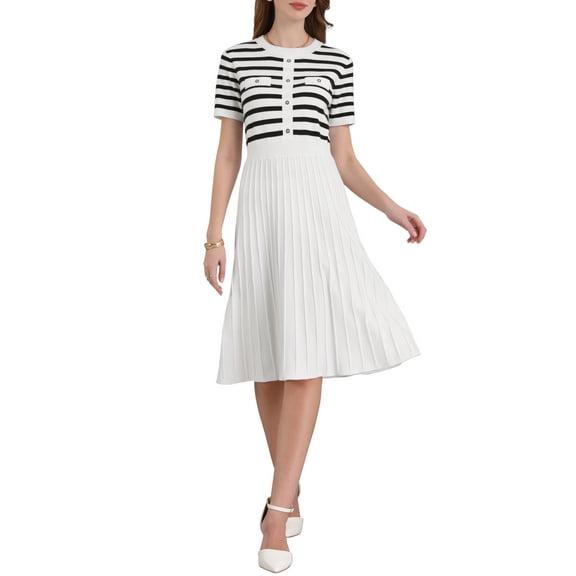 INSPIRE CHIC Women's Striped Sweater Dress 2025 Summer Short Sleeve Knit Flare Dresses S Black