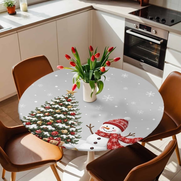 Round Fitted Tablecloth with Elastic Edge, Christmas Tree Winter Snowman Fitted Table Cloth for Round Tables 36-44in, Fallen Snowflake on Gray Waterproof Tablecloth for Outdoor Picnic Party