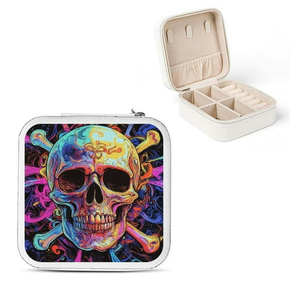 ZFLMY Skull Crossbone Psychedelic Travel Jewelry Case Organizer for Necklace, Ring, Earring - Compact Size, Multiple Storage Spaces White
