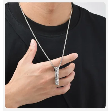 14K White Gold Pillar Shaped Cross Pendant Necklace, Unisex Rectangle Bar Necklaces, Cool Mens Womens Faith Jewlery Gift