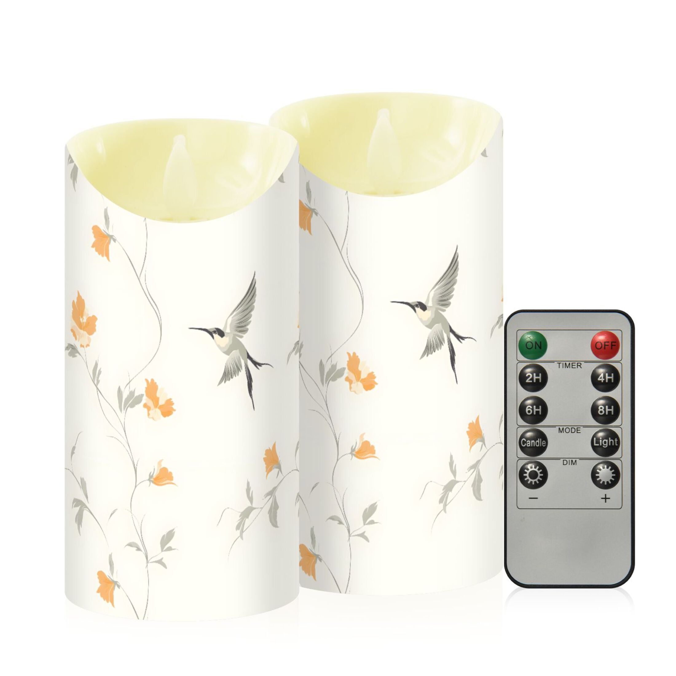 Hummingbird and Flowers Flameless Candles 2 PCS with Remote Realistic Moving Flame LED Tapered Pillar Set for Home Decor