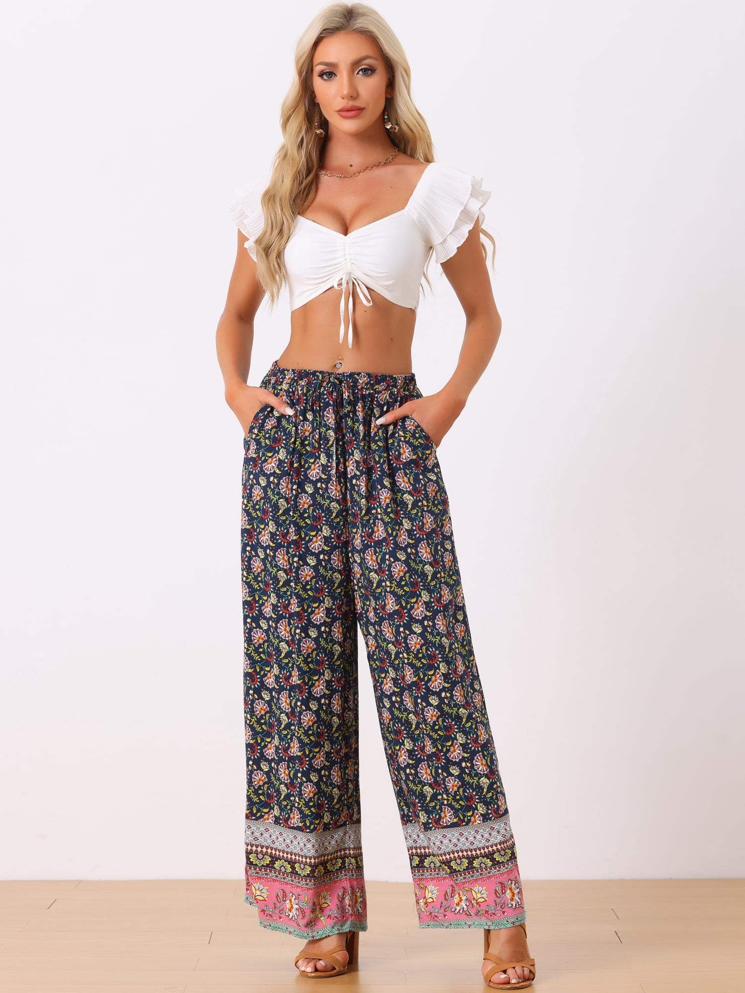 DARING DIVA Women's Drawstring Waist Wide Leg Floral Pants with Pockets M Navy Blue