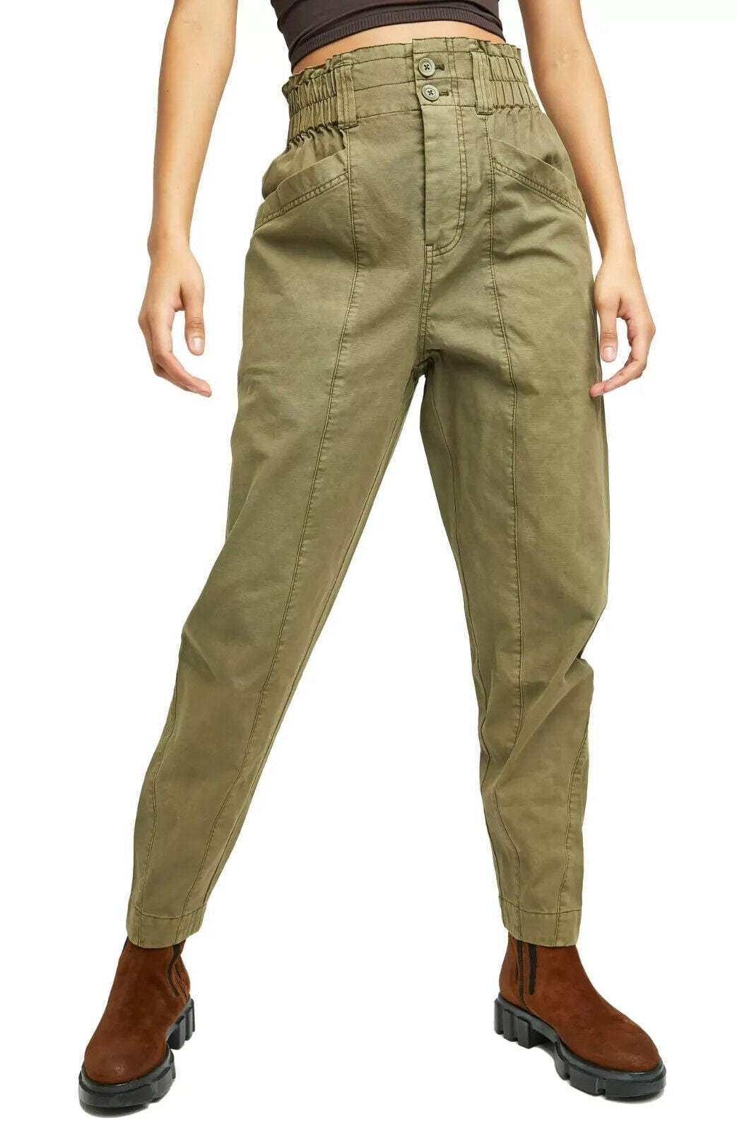 Women Cinch Waist Cotton Cargo Pants 