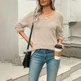 thumbnail image 4 of V Neck Sweater Comdrip Womens 2025 Fall Sweaters Casual Long Sleeve Ribbed Knit Pullover V Neck Lightweight Crochet Pullover Sweater Top Women's Fall Sweaters Beige L, 4 of 6