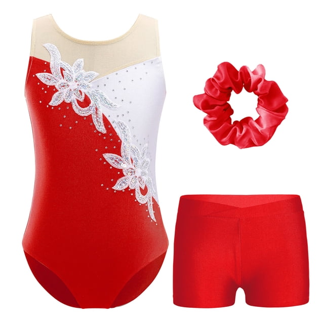 Alvivi Justaucorps de Gymnastique Sans Manches pour Filles, Haut de Danse Ballet avec Short et Ensemble de Couvre-Chef Rouge 6