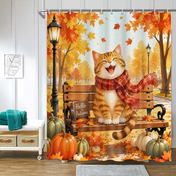 Autumn Cat Shower Curtain Orange Fall Maple Leaves Pumpkins Bench Waterproof Fabric Bathroom Decor 71x71 Inches