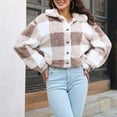 thumbnail image 6 of IROINNID Women's Jacket Shearling Jacket Turndown Lapel Plaid Long Sleeve Leisure Lattice Recreational Coat Tops, Khaki, 6 of 7