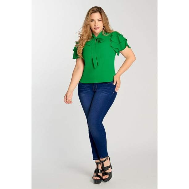 Blusa Con Detalles Olanes Dama Verde Mundo Terra 026312 Bodega
