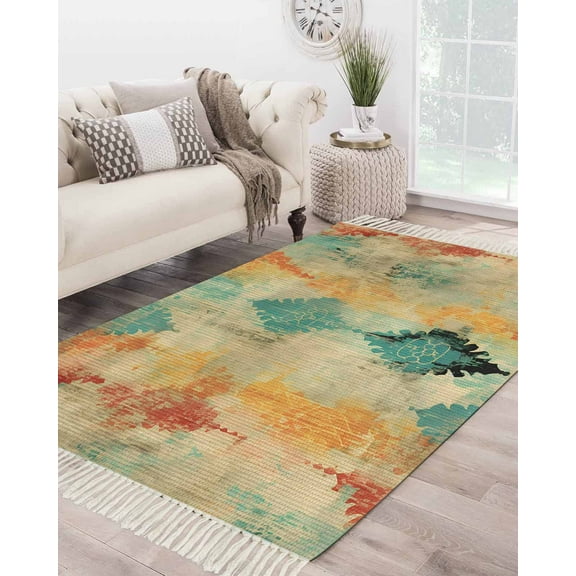 Orange Teal Red Large Area Rug 4x6ft Woven Runner Rug,Boho Ethnic Abstract Splashing Art Washable Living Room Bedroom Kitchen Bathroom Classroom Carpet with Tassels,Indoor Outdoor Throw Door Mat