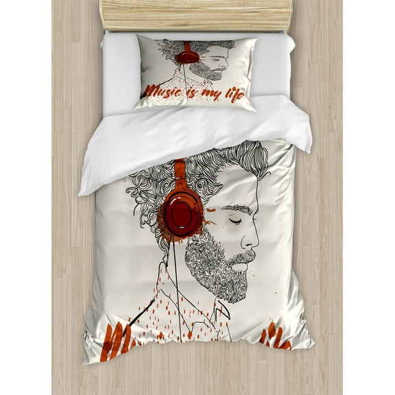 Music is My Life Duvet Cover Set, Hipster Man with Hair Listening to Music, Decorative 2 Piece Bedding Set with 1 Pillow Shams, Twin Size, Paprika Eggshell, by Ambesonne