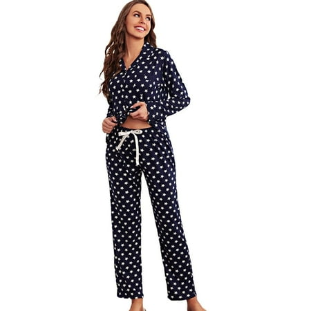

Women Pajamas Set Black Long-sleeve Button Lapel Top with Pants Star Print Casual Homewear Autumn Winter Sleepwear Slim Nighy Suit