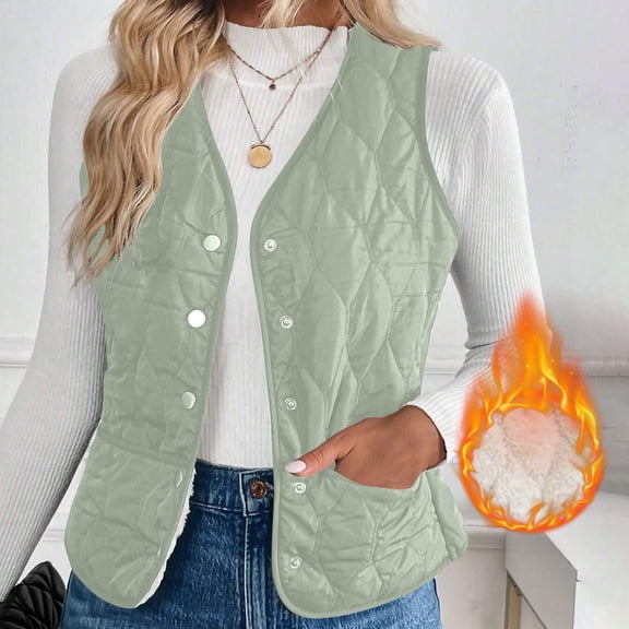 Women's Quilted Vest Fleece Lined Sleeveless Lightweight Jacket V Neck Buttons Winter Warm Soft Casual Gilet with Pockets