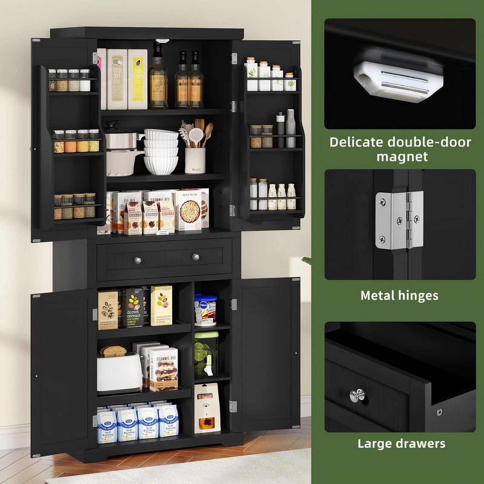 Uforic 72'' Tall Kitchen Pantry Cabinet with Drawer, 4 Door Pantry Storage Cabinet with Adjustable Sliding Shelve, Freestanding Buffet Cupboards, Food Pantry Cabinet for Dining Room, Kitchen, Black