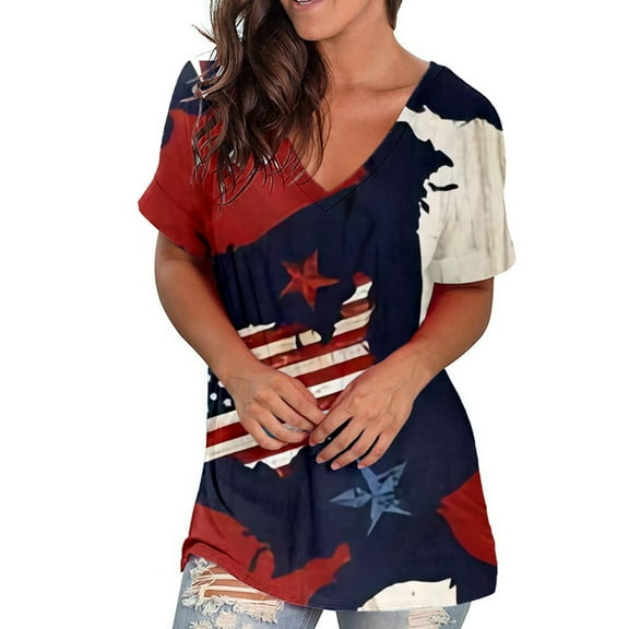 ibuvkizy Summer Independence Day Shirts for Women Fashion American Flag Tops Patriotic Crewneck Short Sleeve Print Tees,4th of July Shirt for Women Black L