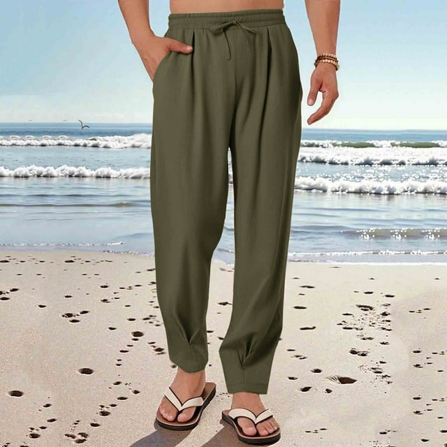 Men's Casual Linen-Look Polyester Drawstring Waist Pants with Pockets for Daily Wear
