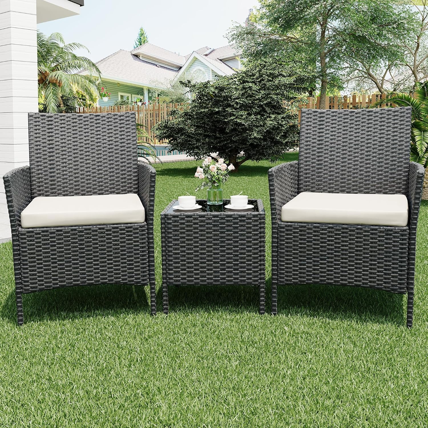 IdealHouse 3 Piece Patio Furniture Set, Rattan Outdoor Furniture with 2 Chairs & Coffee Table, Modern Outdoor Seating Conversation Bistro Set for Garden Backyard Porch (Black and Beige)