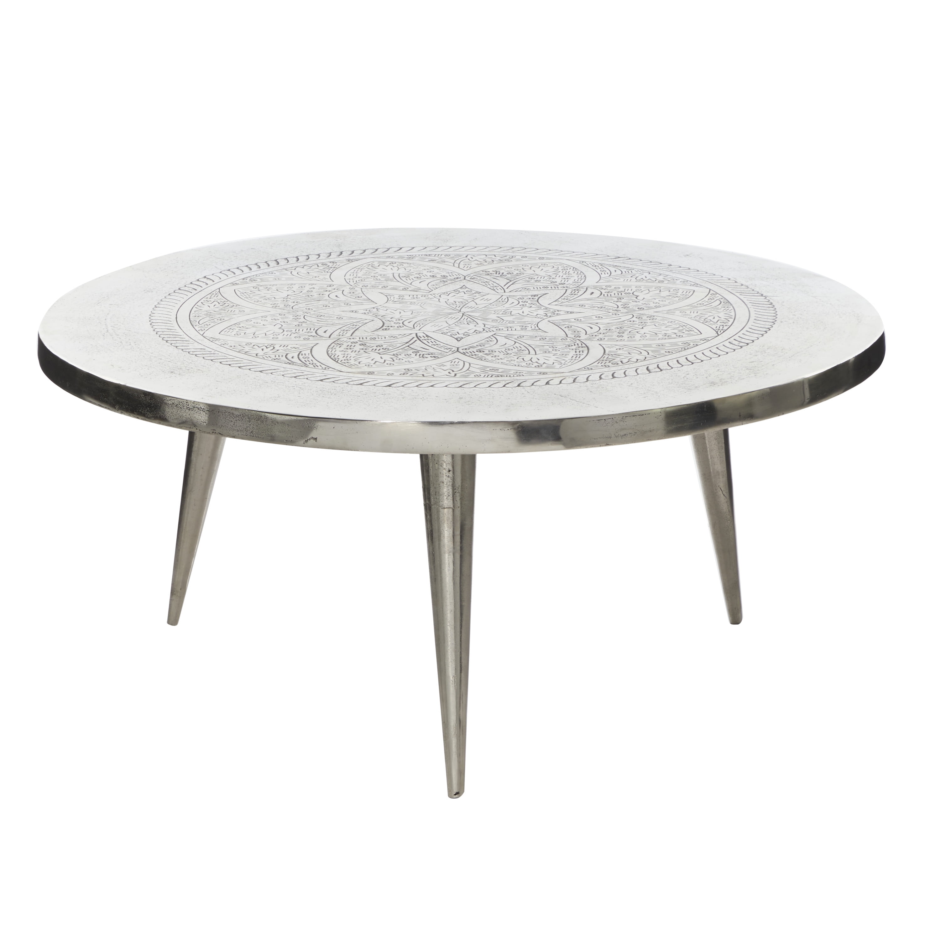 Decmode Round Silver Aluminum Coffee Table With Emblem Center, 35" X 16