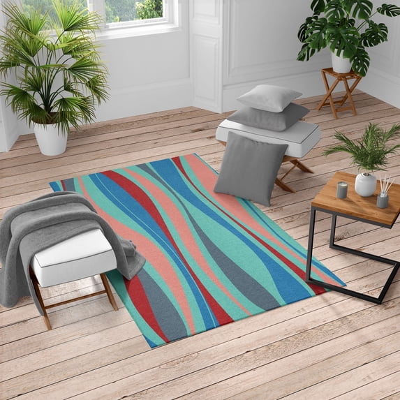 Vintage Turkish Area Rug, Retro Vibrant Stripes Funky Lines Design Patterns Abstract Print, Soft Carpet for Living Room Decor with Distressed Look, 4' X 5.7', Turquoise Coral, by Ambesonne
