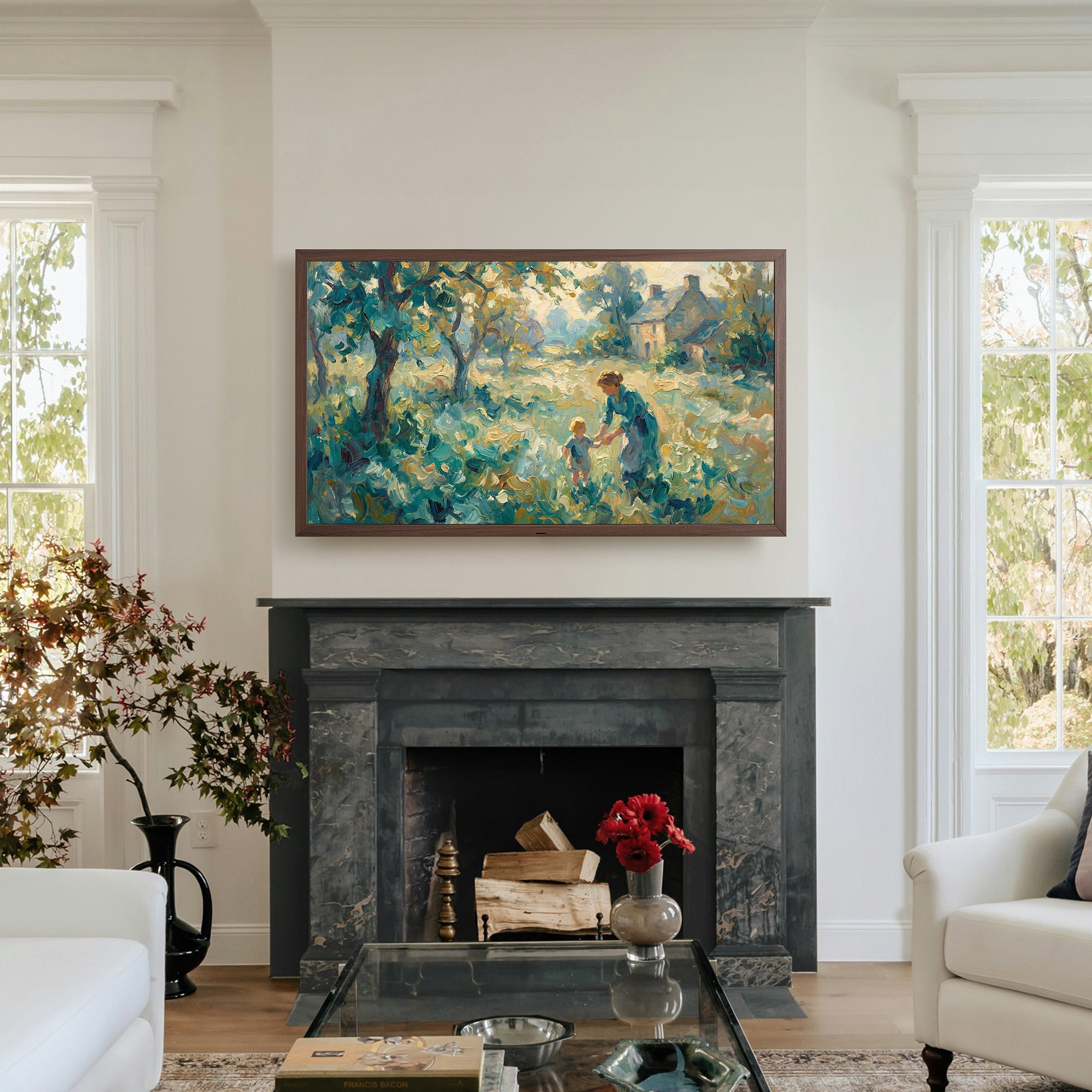 onn 55" The Fresco Art Gallery 4K UHD Google TV with Gemini, Walnut Frame and Mounting Kit