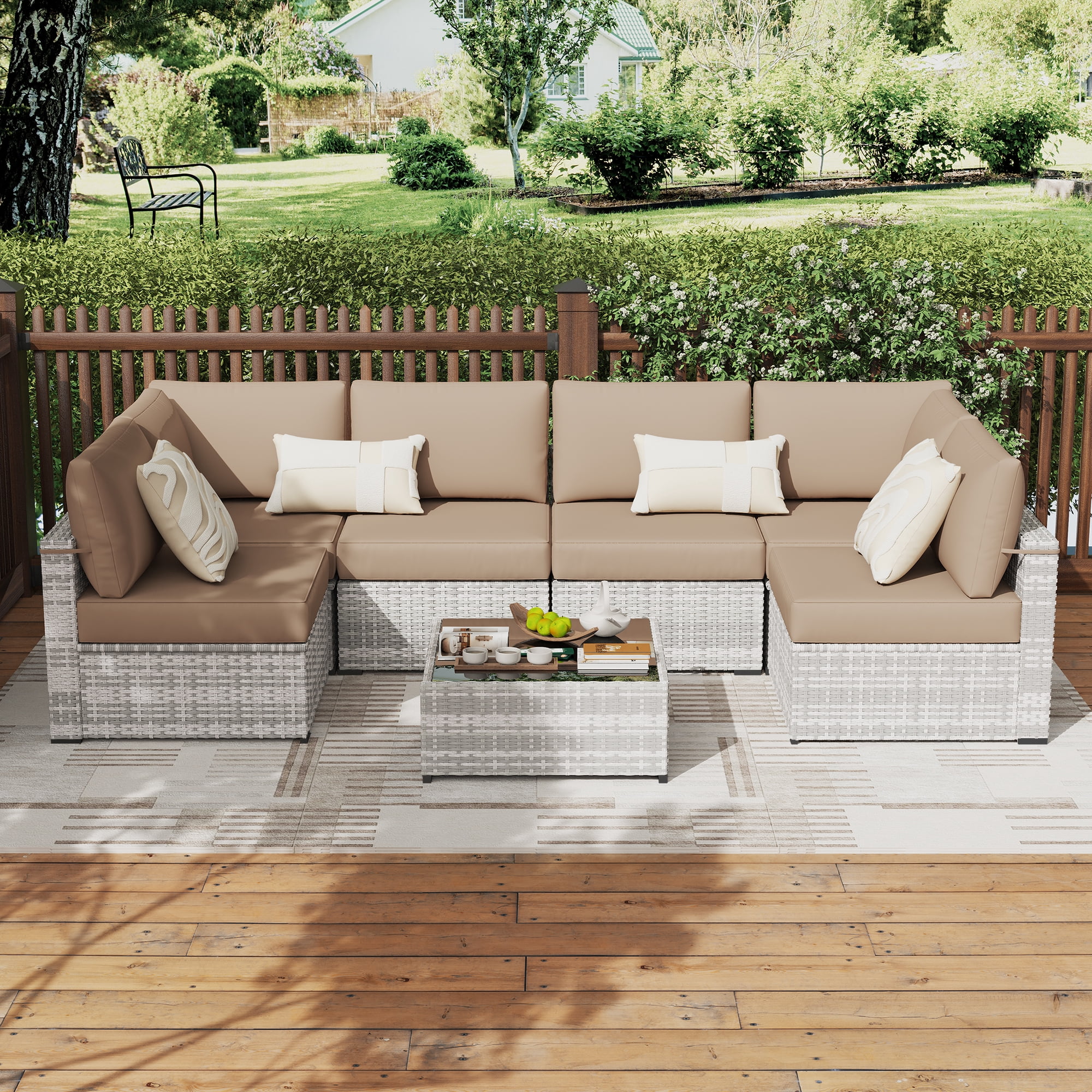 KIGOTY 7 Piece Outdoor Patio Furniture, Wicker Rattan Outdoor Conversation Set Sectional Sofas for Backyard, Garden, Grayish-white Camel