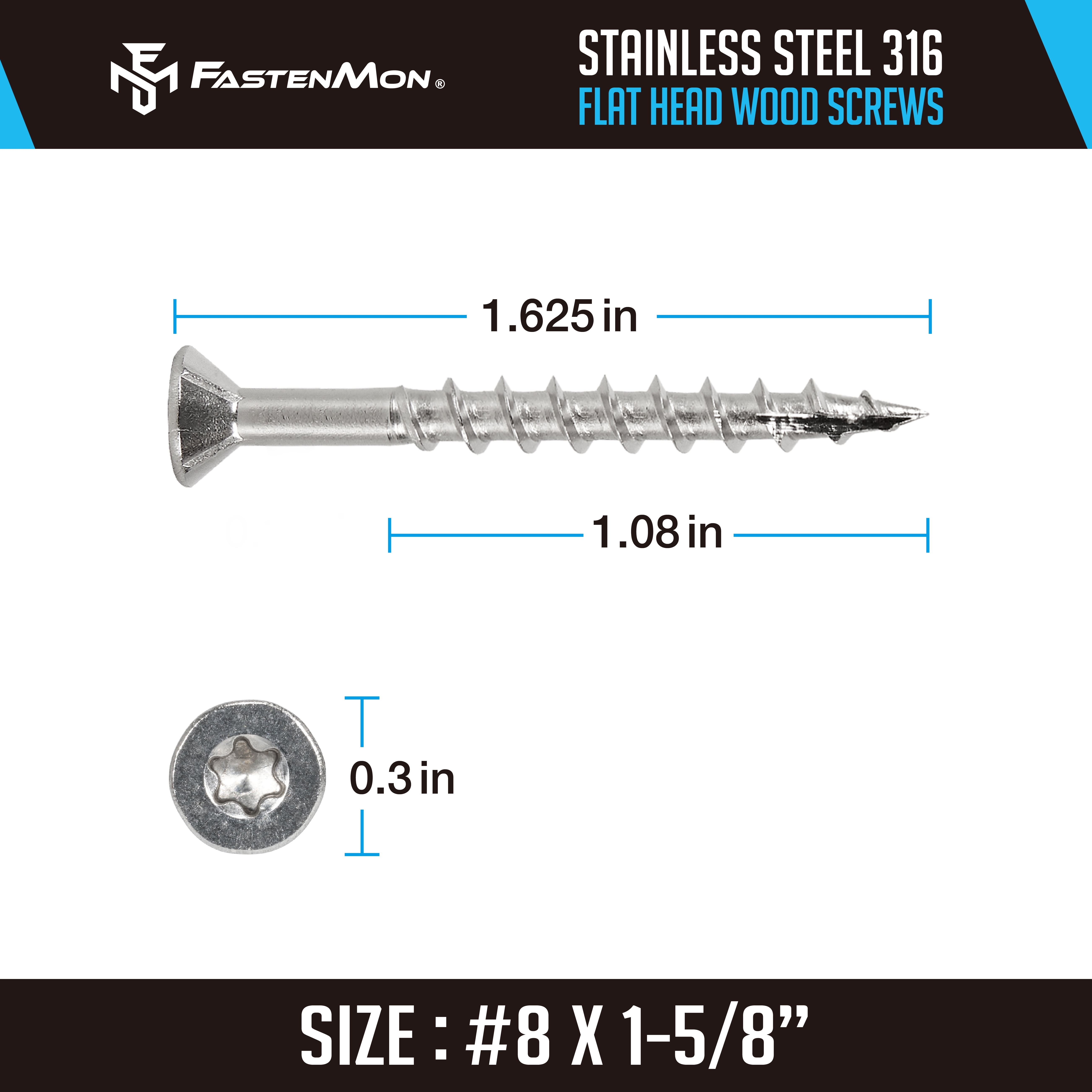 FM FASTENMON #8 x 1-5/8 inch 316 Stainless Steel Wood Screws, T20 Star Drive, 150 pack