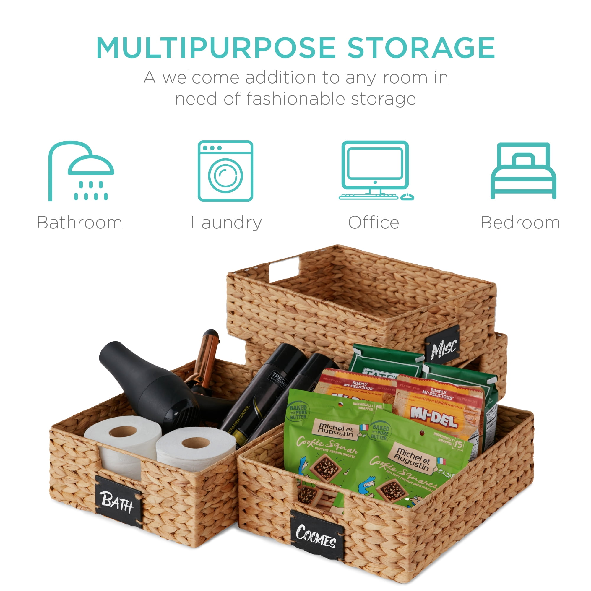 Best Choice Products Set of 4 16x12in Woven Water Hyacinth Pantry Baskets w/ Chalkboard Label, Chalk Marker - Natural