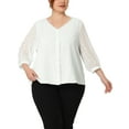 thumbnail image 1 of Blusa de encaje floral de cuello en V con botones y mangas 3/4 para mujer de tallas grandes Agnes Orinda 4X blanca, 1 of 6