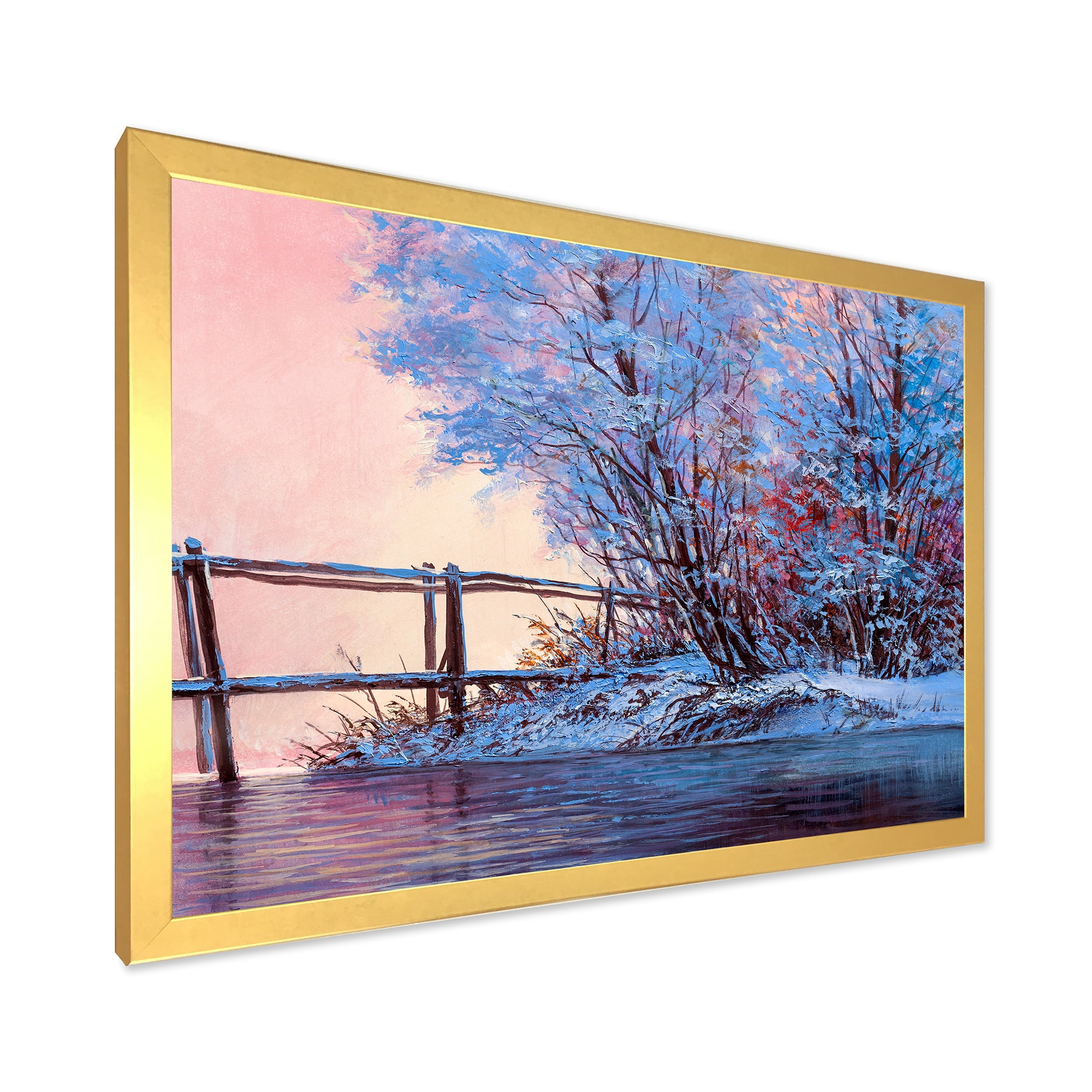 Bridge Of Meandering River With Winter Scenery I 40 in x 30 in Framed Painting Canvas Art Print, by Designart