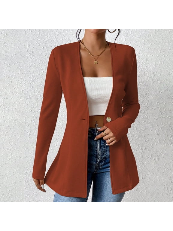 Womens 's Blazer Longsleeve Button Coat Lightweight Office Work Suit Slim Fitting Cinched Waist Long Coats Business Casual Offices Suits Cozy Casual Fashion for Ladies