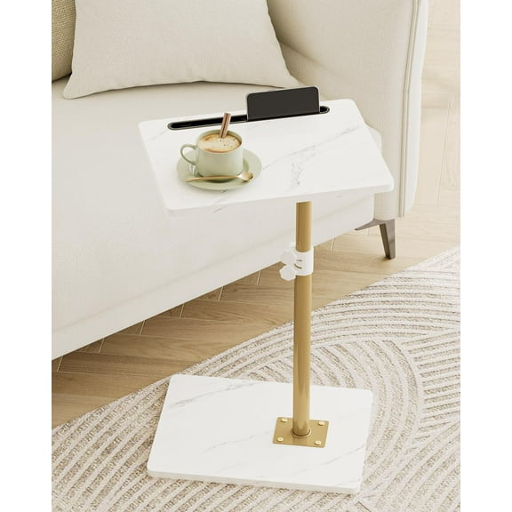 Sofa Arm Tray Table - 360? Swivel Height Adjustable End Table, Small Snack Side Table for Couch, C Shaped Table for Bed, Chair or TV Tray Table(Marble White and )