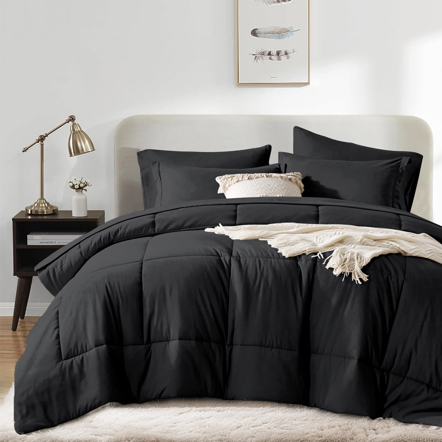 Flymme King Size Comforter Set Black, 7 Pieces King Bed in a Bag, All Season Bedding Sets with 1 Comforter, 1 Flat Sheet, 1 Fitted Sheet, 2 Pillowcase and 2 Pillow Sham