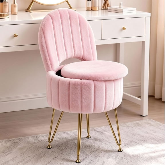 Vanity Stool with Storage, Velvet Makeup Chair with Backrest, Modern Upholstered Round Accent Chair, No Assembly Vanity Stool for Bedroom, Dressing Room & Living Room