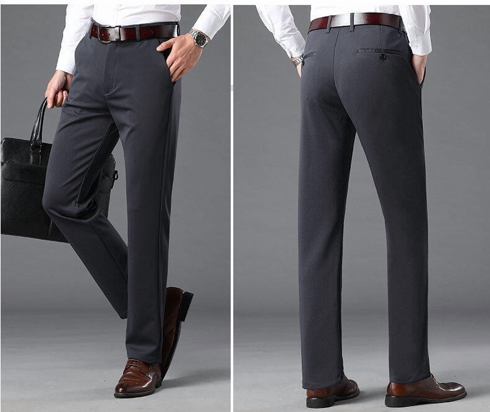 Men's Straight Leg Dress Pants With Elastic Waist - Business Casual Trousers For Office & Work