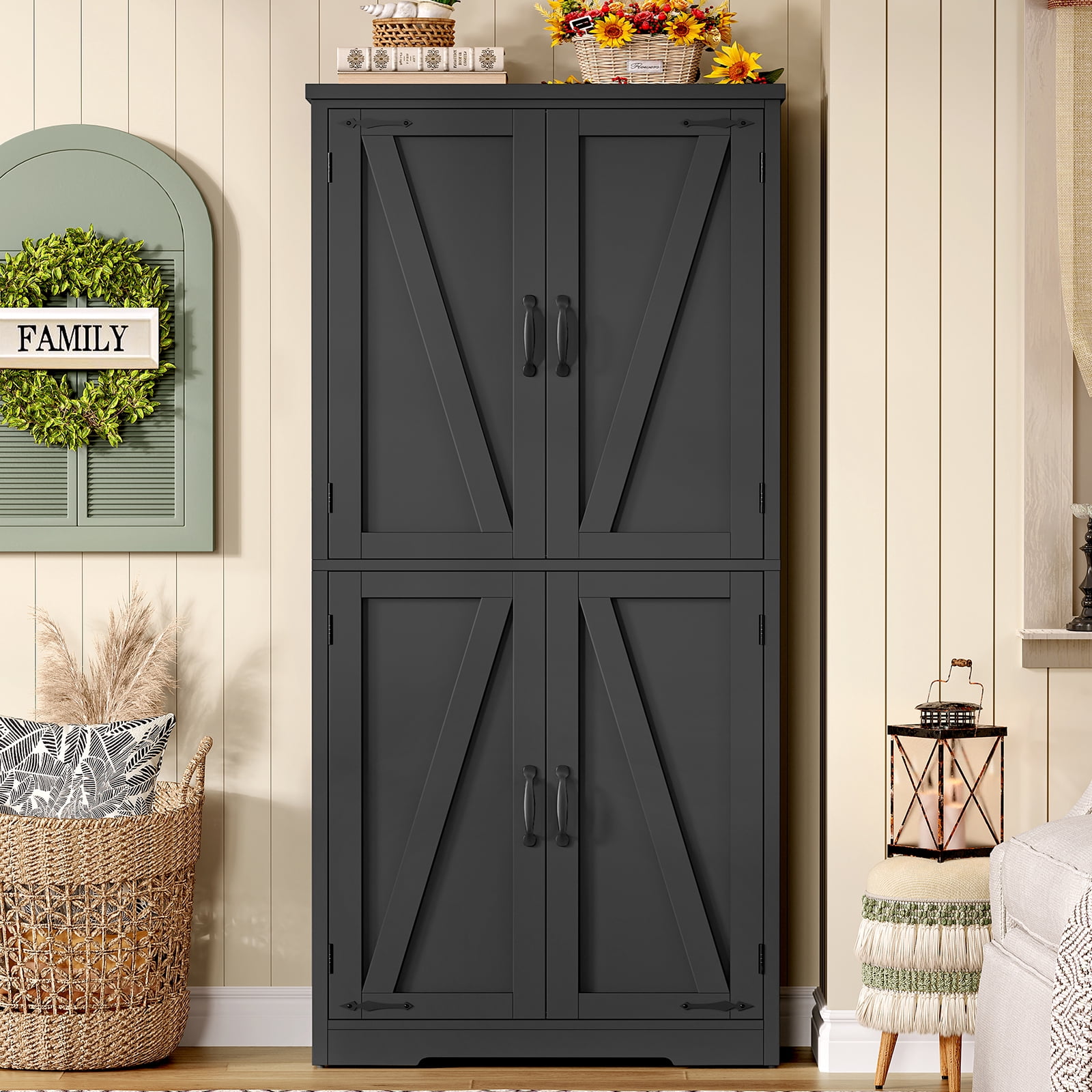 58.27” Kitchen Pantry Cabinets With 4 Doors, Storage Cabinets, Cupboard, Tall Bathroom Cabinets For Dinning Room, Living Room, Black