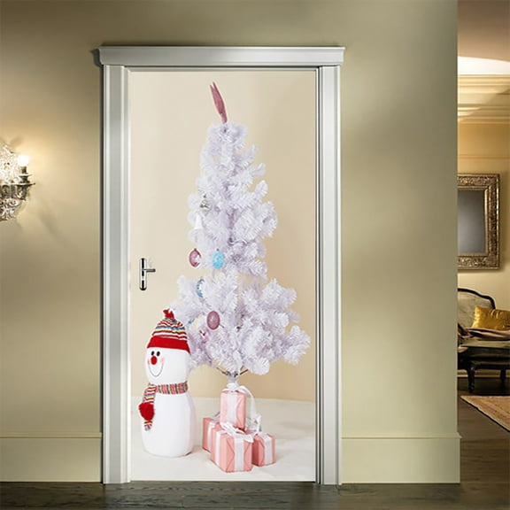 White Christmas-Tree Door Sticker Xmas wall stickers Front Door Cover for Festive Home Office Indoor Outdoor Decoration Holiday Party Decor