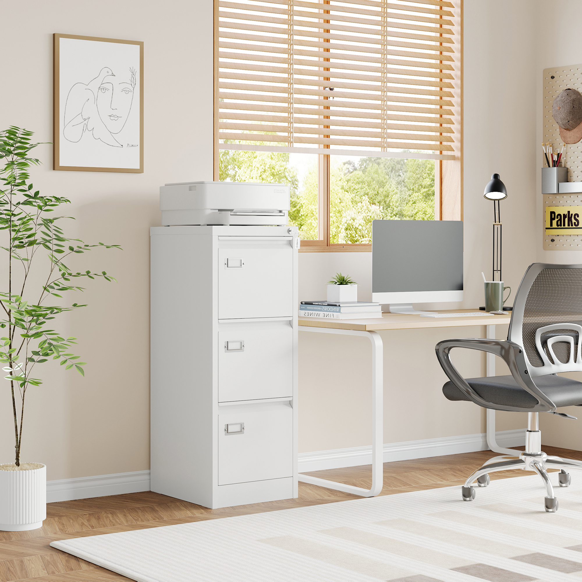 STANI 3 Drawer White File Cabinet with Lock, Filing Cabinets for Home Office, Metal Locking Office File Storage Cabinets with Drawers, Vertical Small Filing Cabinet Organizer for Legal/A4