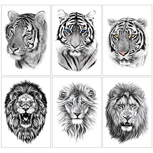 6 Sheets Black Tiger Lion Temporary Tattoo, Arm Chest Leg Tattoo Sticker  for Men Women, Wild Beast Animal Designs Body Art on Back Shoulder  Waterproof Large Size 