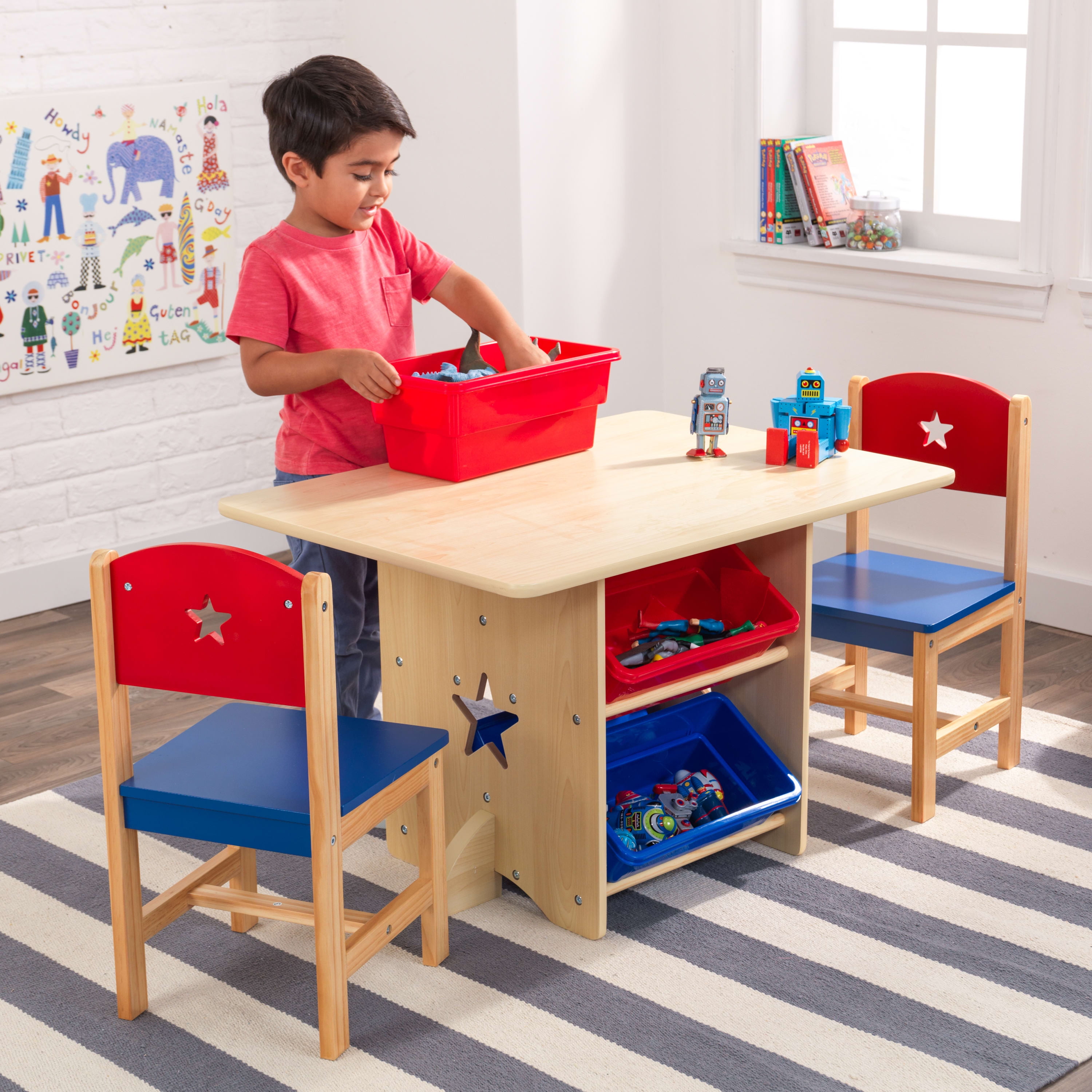 KidKraft Wooden Star Table & Chair Set with 4 Bins, Red, Blue & Natural