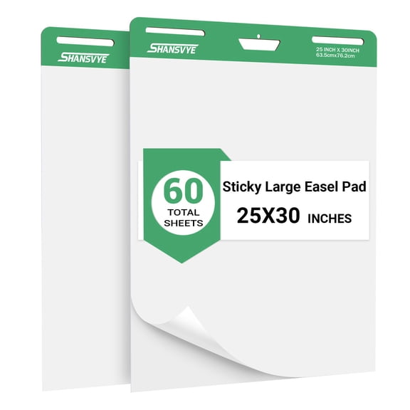 Sticky Easel Pad, 25 in x 30 in,Flip Chart Paper,Sticky Chart Paper for Teachers, Large Self-Stick Easel Paper,Super Sticky & Bleed-Resistant,30 Sheets/Pad,2 Pads