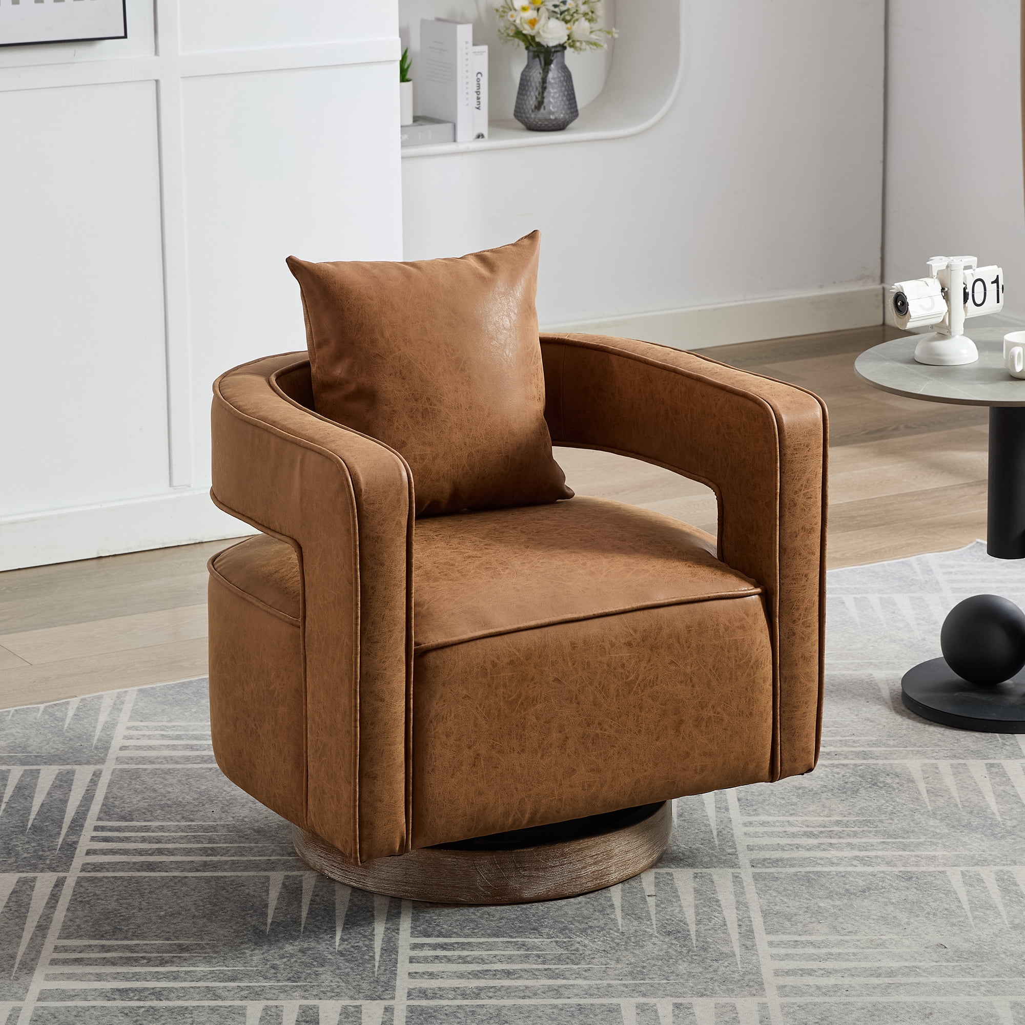 Leumius Swivel Accent Chair with Open Back,Modern Single Sofa Chair With Weathered Base for Nursery Bedroom Living Room Hotel Office, Club Chair Leisure Arm Chair for Lounge,Brown PU