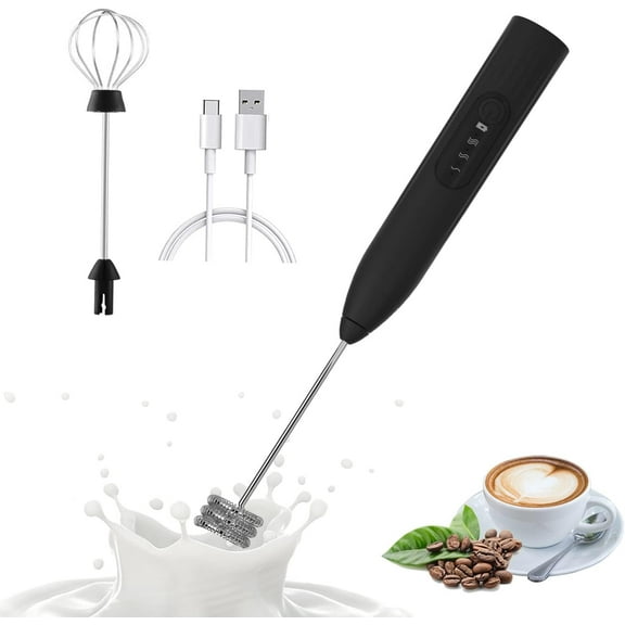 Milk Frother Rechargeable Handheld Electric Whisk Coffee Frother Mixer with 2 Stainless whisks 3 Speed Adjustable Foam Maker Blender for Coffee Matcha Latte Cappuccino Hot Chocolate (Black)