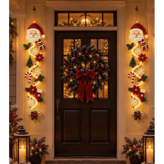 Glowing Christmas Door Hanger, Warm Lighted Holiday Door Decor, LED Cloth Decoration for Front Entry Porch Wall, Indoor Outdoor Use