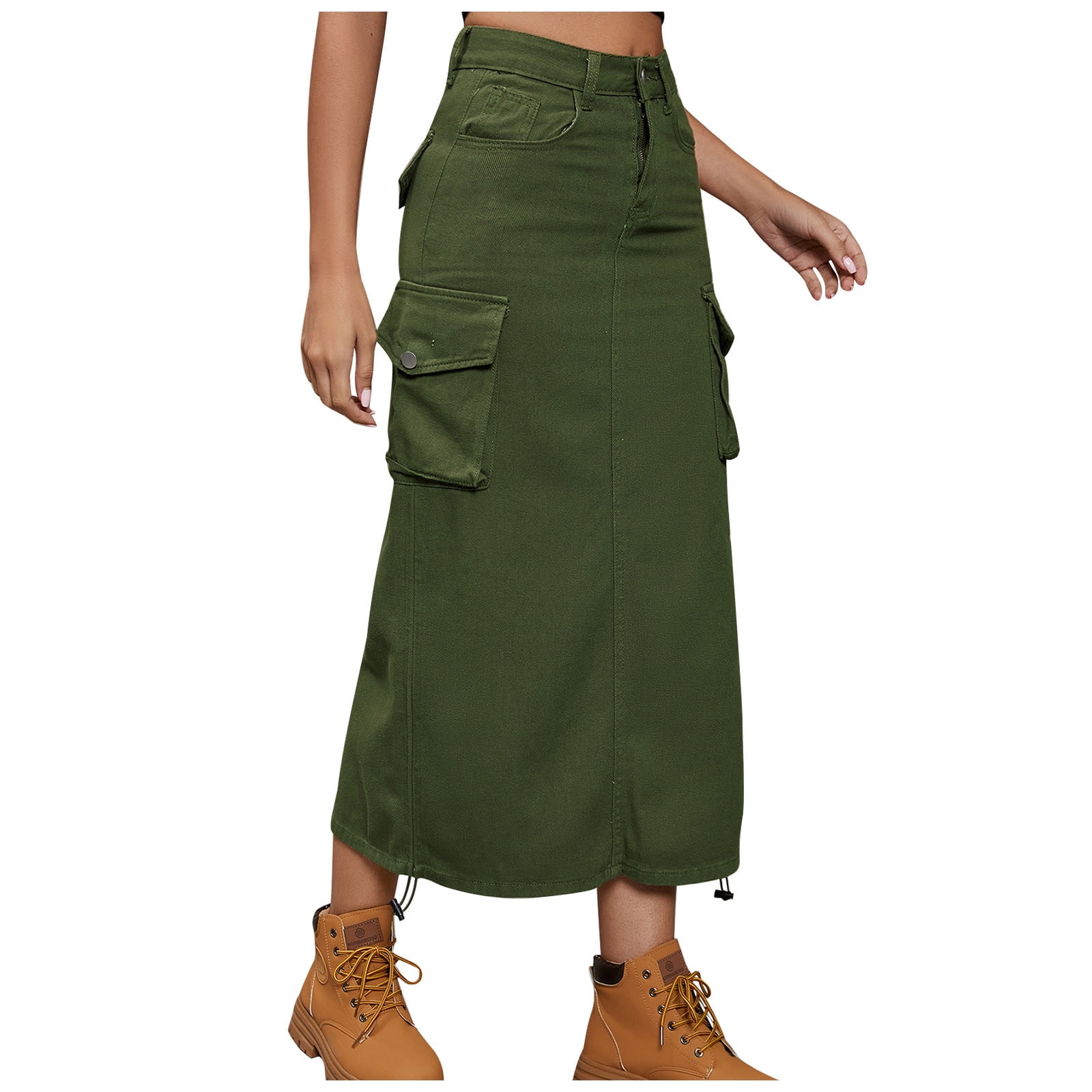 Cargo Skirt Womens Solid Color High Waisted Summer Long Skirt with 6 ...